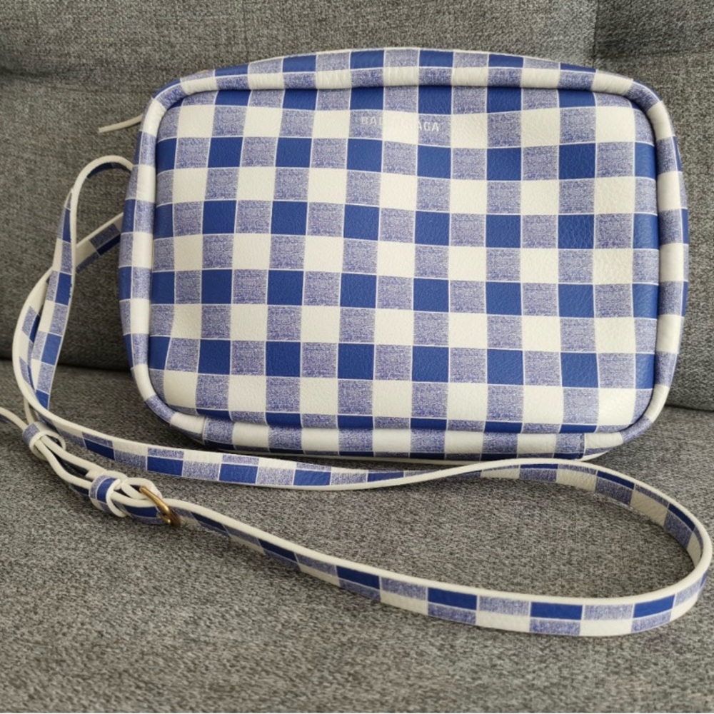 Balenciaga Navy and Ivory Checkered Accessory crossbody camera bag